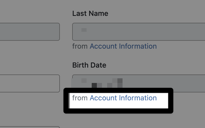 Closer view of the previous screenshot with a highlight on the callout and link below the Birth Date option.