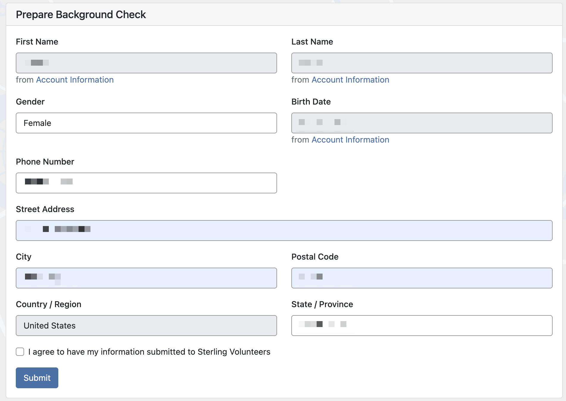 Background check form with all fields filled out. Privacy marks cover the personal information.