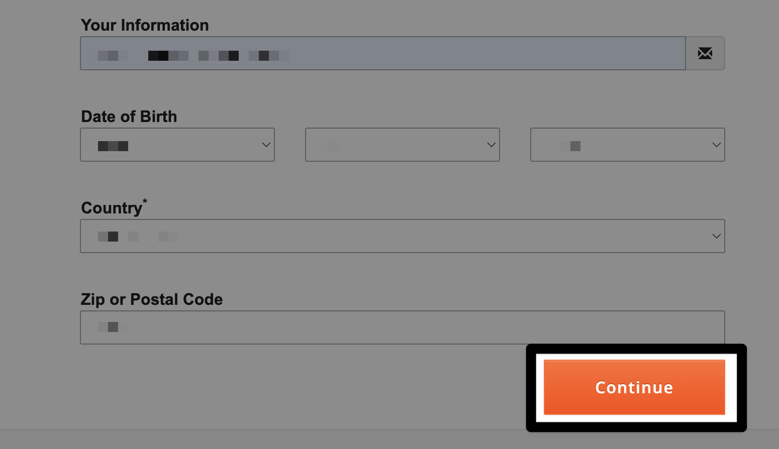 Close view of the form from the image above with a callout on the continue button in the lower right corner.