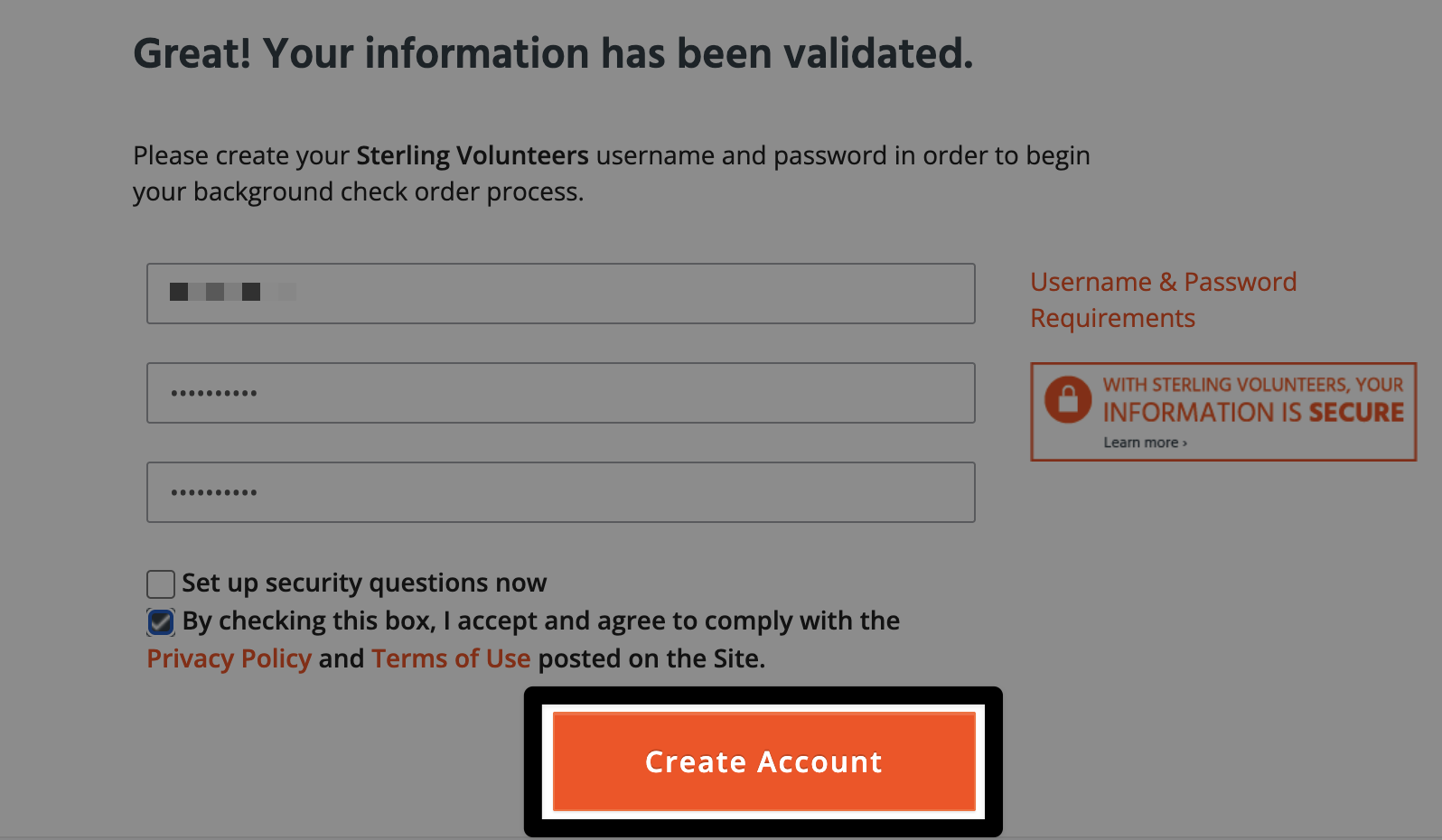 The same form as above with privacy notes on the filled in data and a callout box on create account.