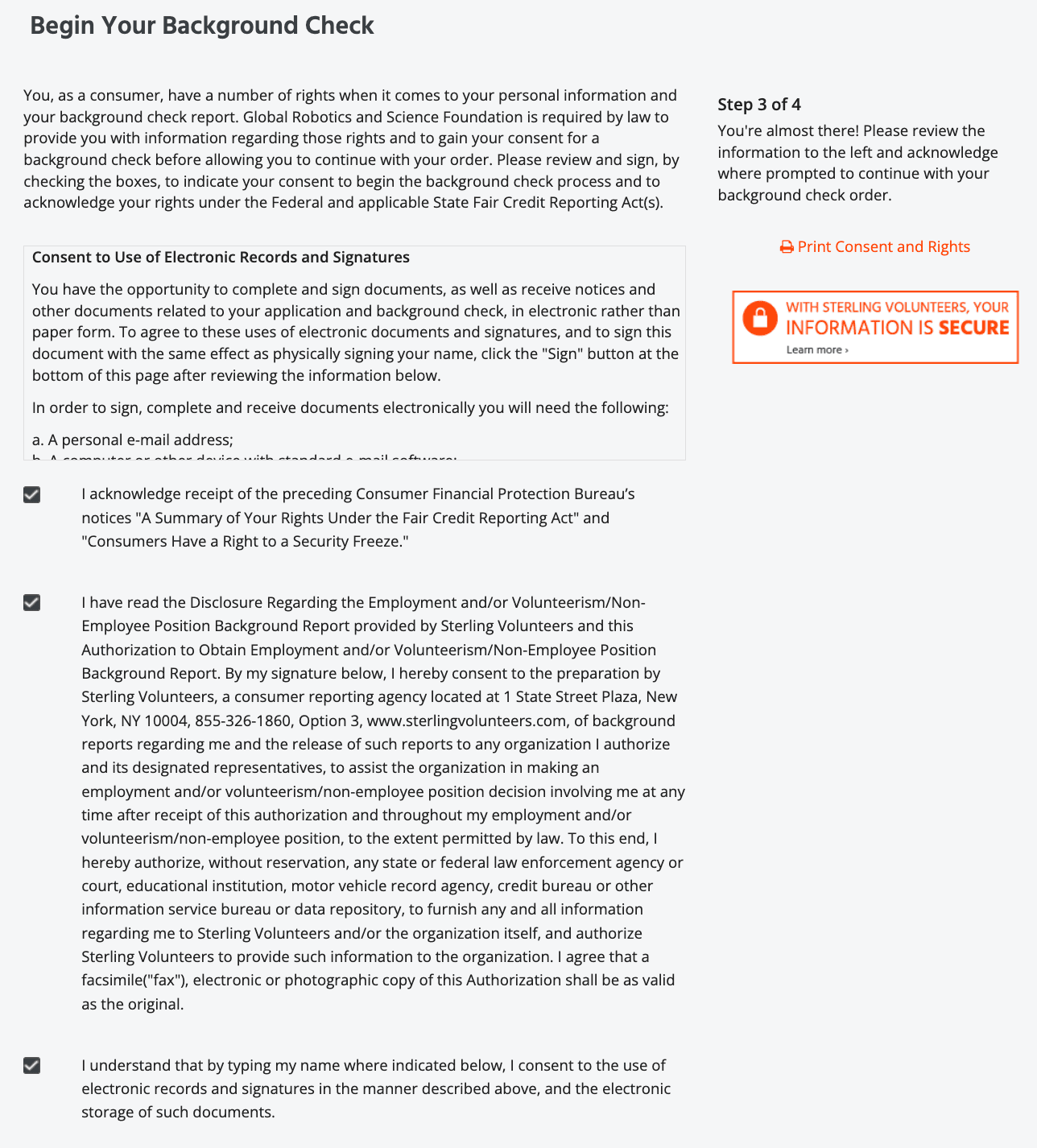 Sterling volunteers website showing the notices and consent forms to be agreed to.