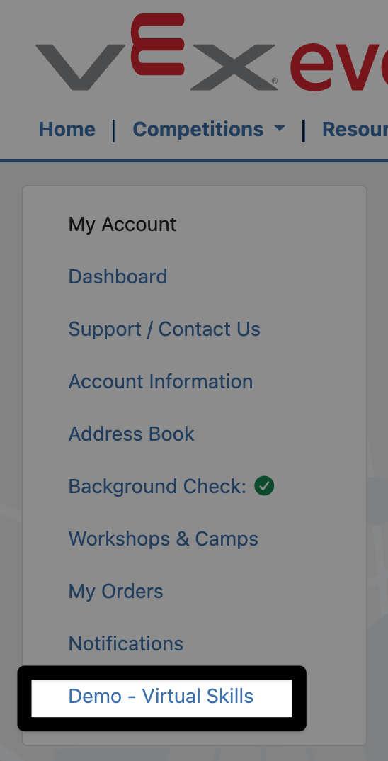 Account menu in VEX Events. The last option in the list is highlighted and reads Demo dash Virtual Skills.
