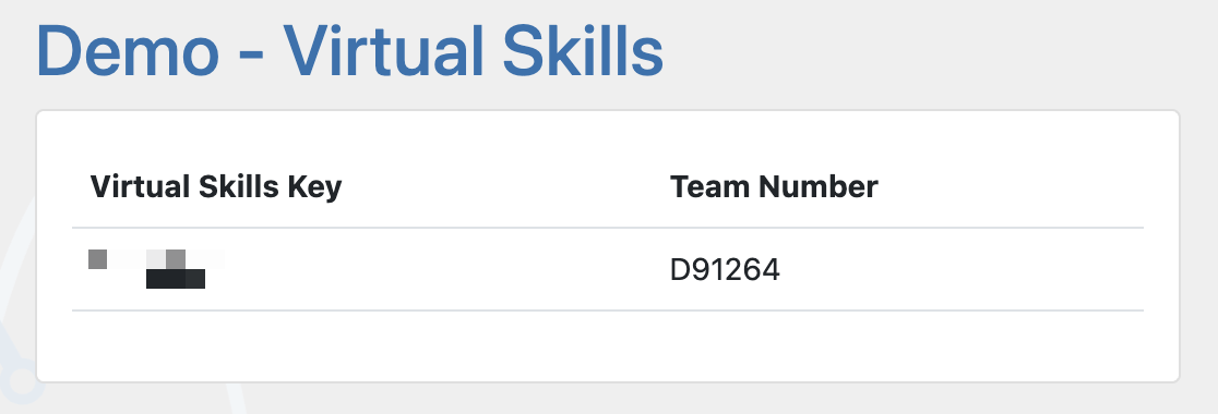 Demo page in VEX Events. The page shows a virtual skills key blurred out and a team number.
