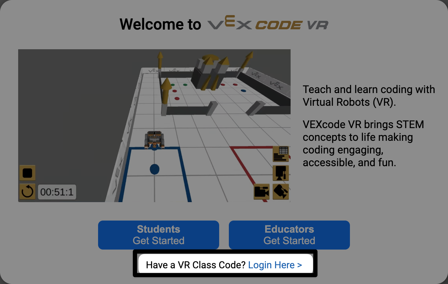 VEXcode VR home page with a welcome screen and text that reads 'Have a VR Class Code? Login Here' highlighted at the bottom of the page.