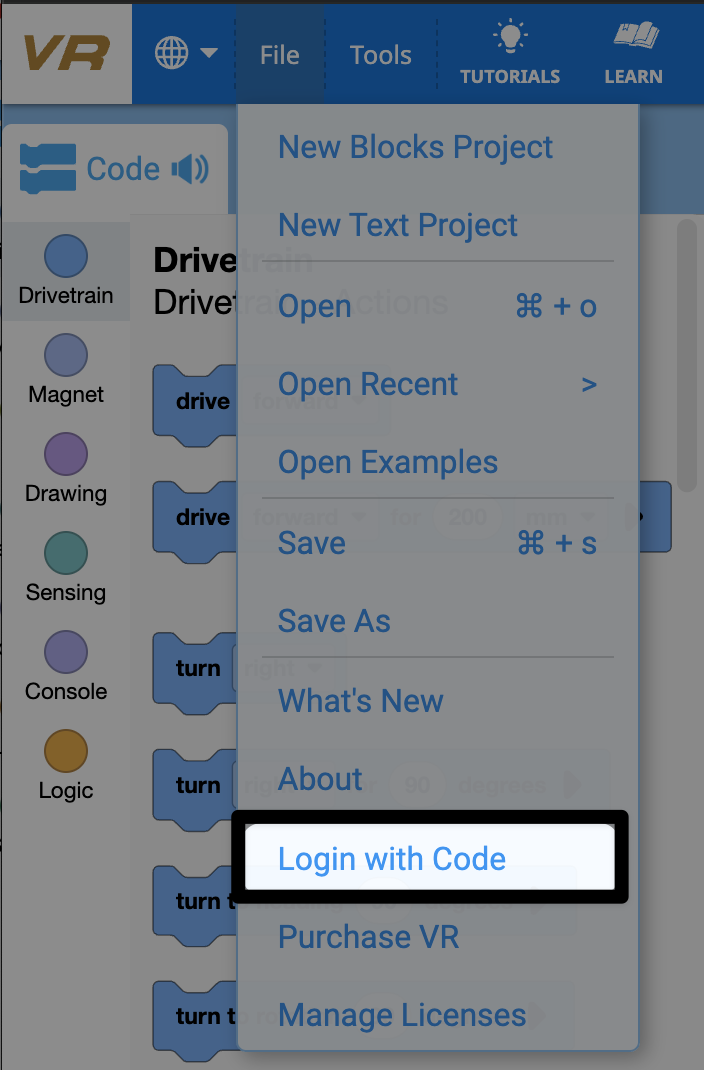 VEXcode VR File menu with the last option 'Login with Code' highlighted.