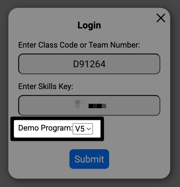 The same login window with a highlight on the dropdown above the submit button. The dropdown label reads Demo program.