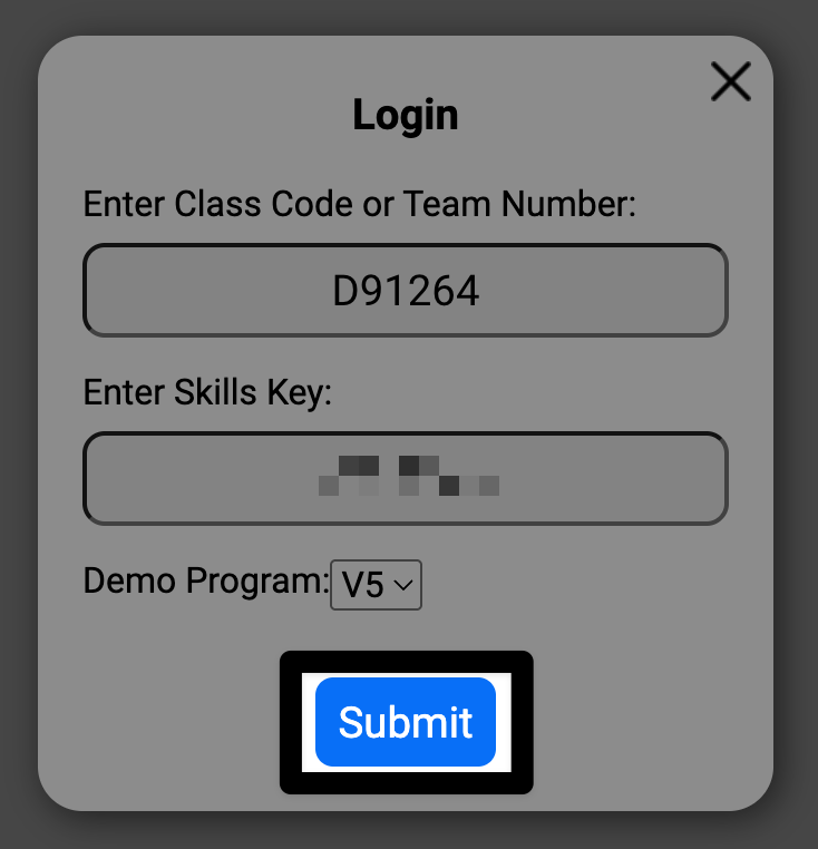 The same login window with all parts filled in. A highlight is on the submit button.