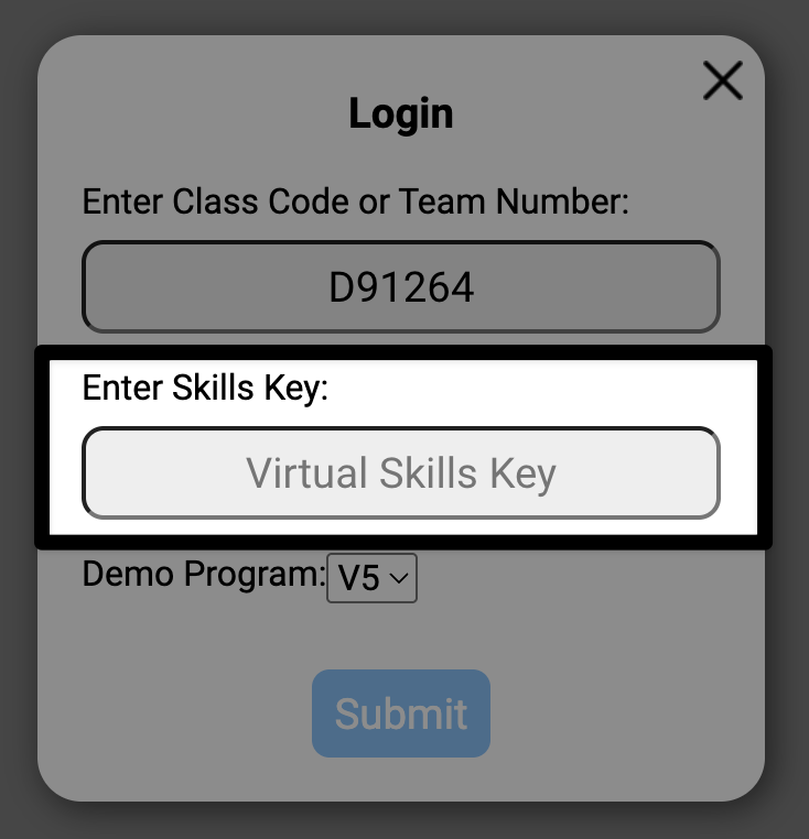 The same login window now with a space highlighted in the center. The label reads Enter Skills Key.