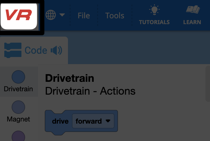 Upper left corner of the VEXcode VR Toolbar with a red VR Logo highlighted.