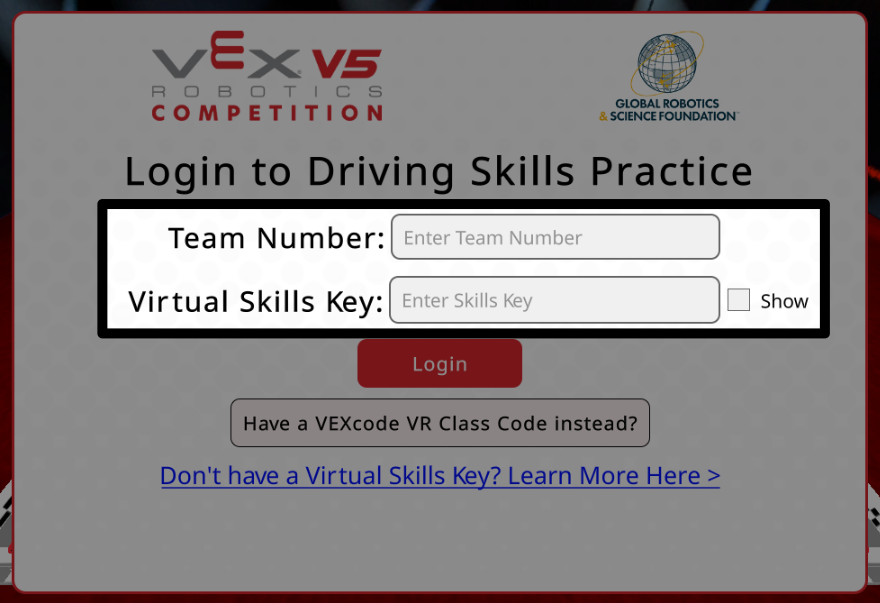 Driving Skills practice login window with the Team number and Virtual Skills Key fields called out.
