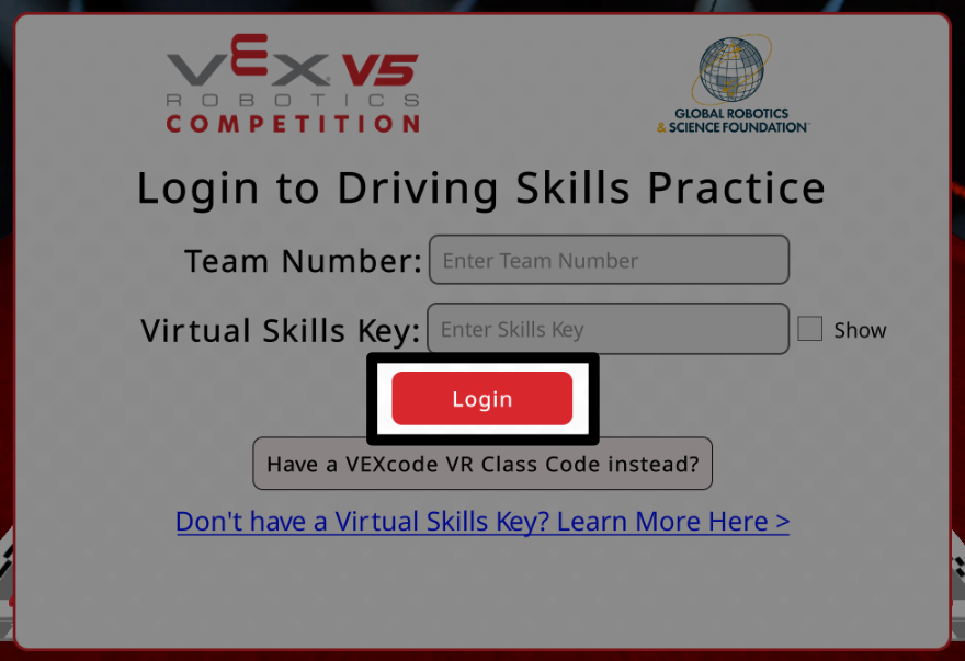 The same Login window now with the Login button below the Virtual Skills Key field highlighted.