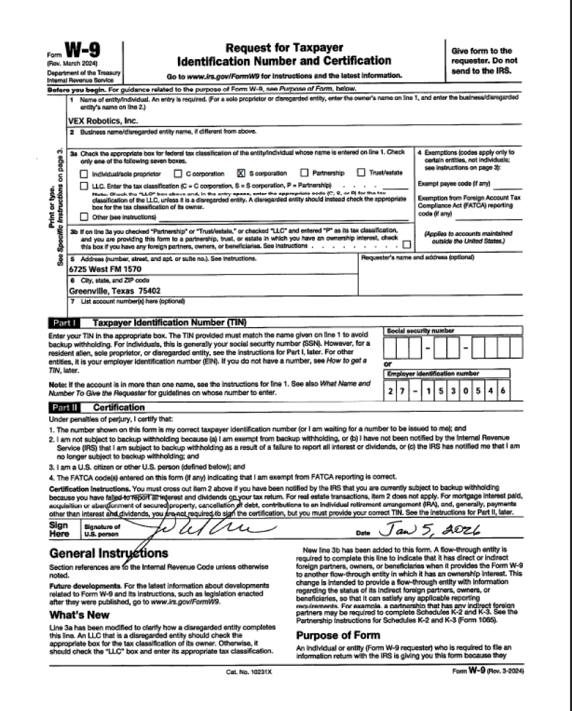 VEX W-9 form for 2026