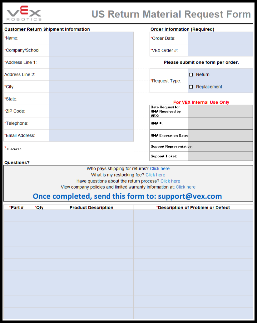 VEX US Return Material Request Form example