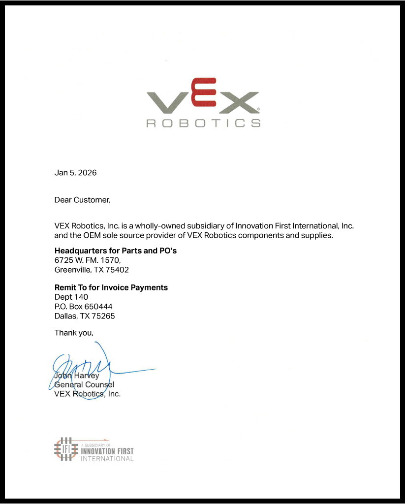 VEX sole source letter for procurement documentation