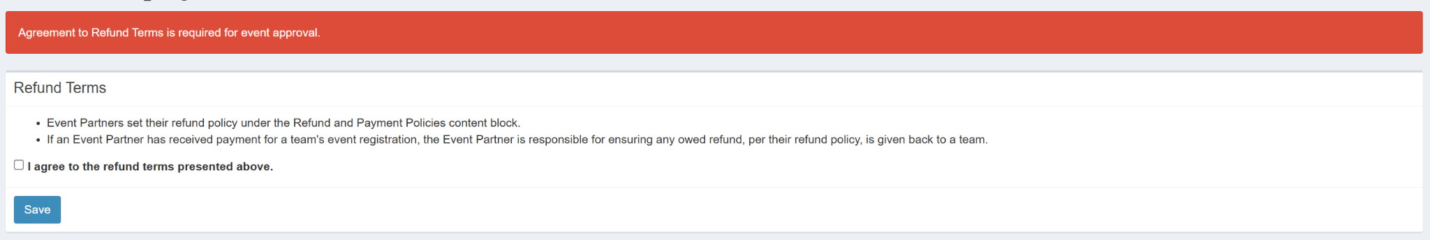 The CEE and Acknowledgements section showing the refund terms, a checkbox to agree to them, and a Save button.