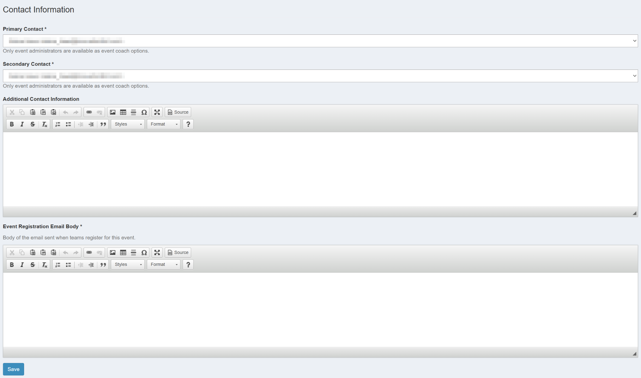 The Contact Information section with dropdowns for the primary and secondary contacts and text boxes for additional contact information and the event registration email.
