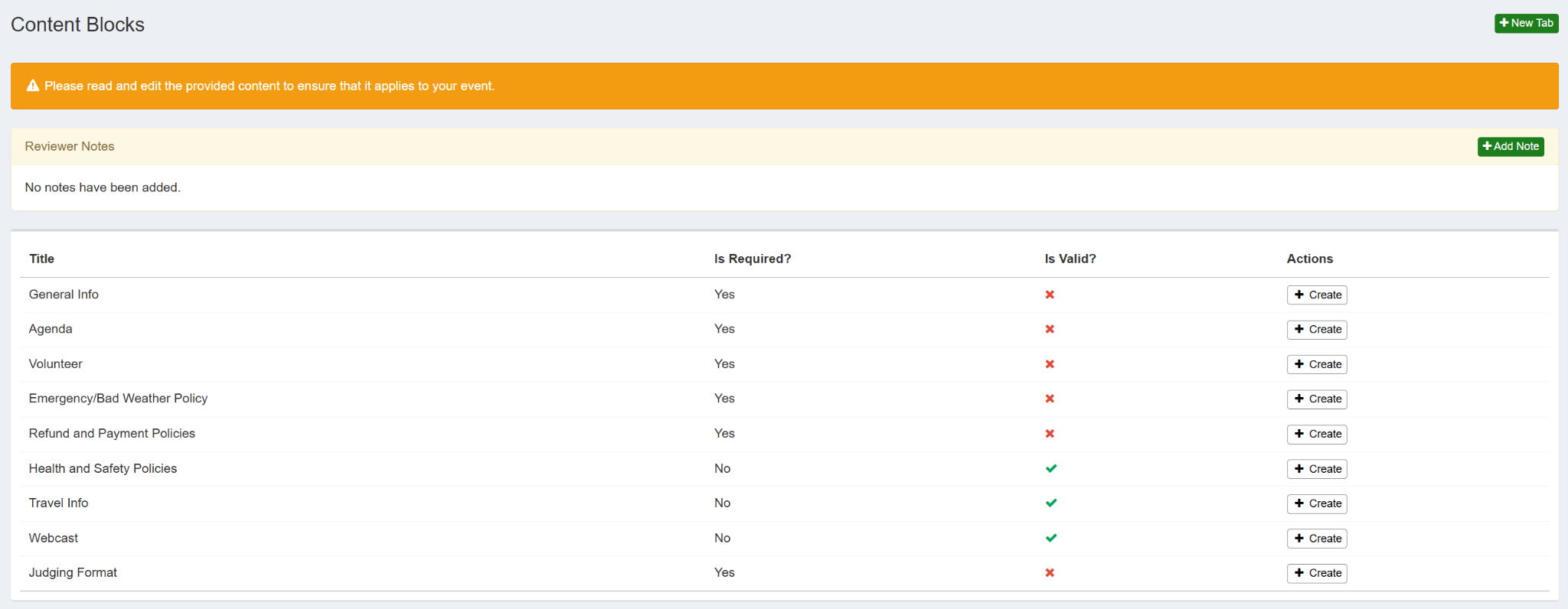 The Content Blocks section listing each block with whether it is required, whether it is valid, and a Create button for each.