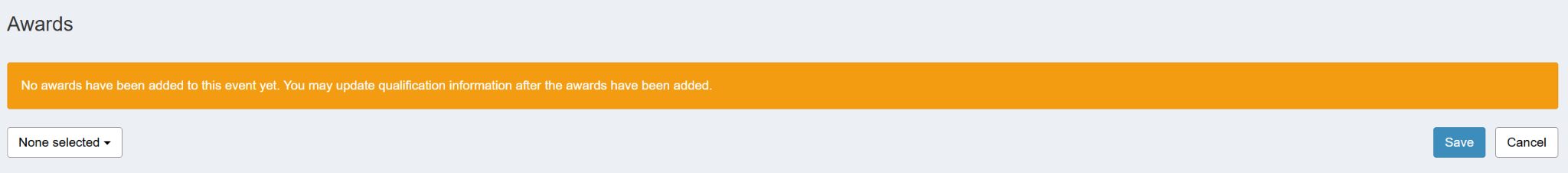The Awards section with a dropdown to select awards in the bottom-left and Save and Cancel buttons.
