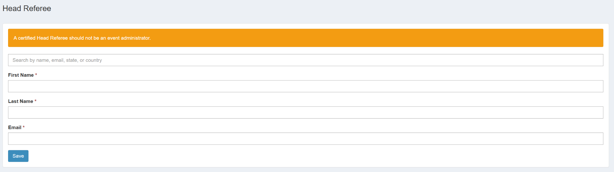 The Head Referee section with fields for the Head Referee's first name, last name, and email, and a Save button.