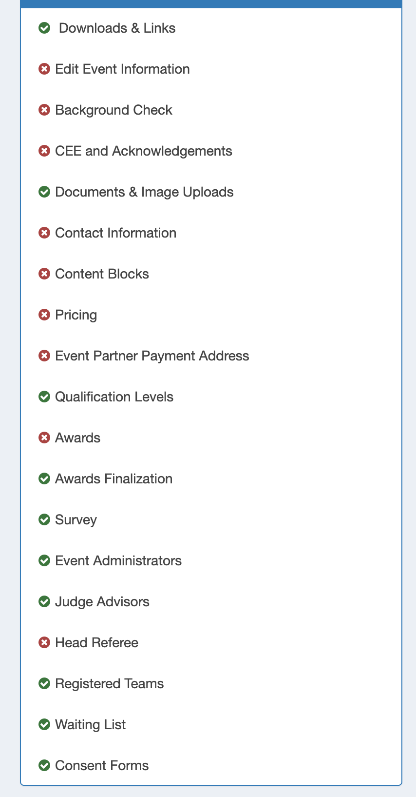 The section list along the side of the event page, with each section marked with a green checkmark or a red x.