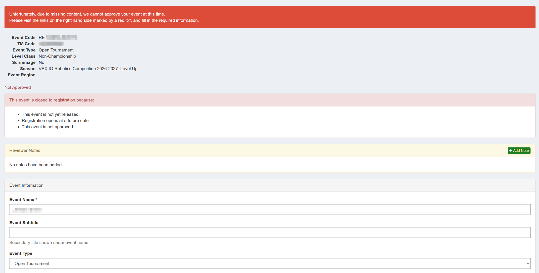 The Edit Event Information page, with a red banner listing why the event is not approved and the event details fields below.