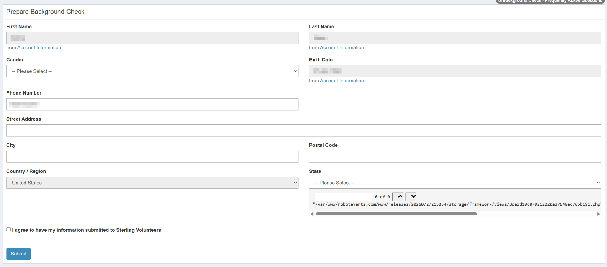 The Prepare Background Check form with fields for name, gender, phone number, email address, birth date, and address, and a Submit button at the bottom.