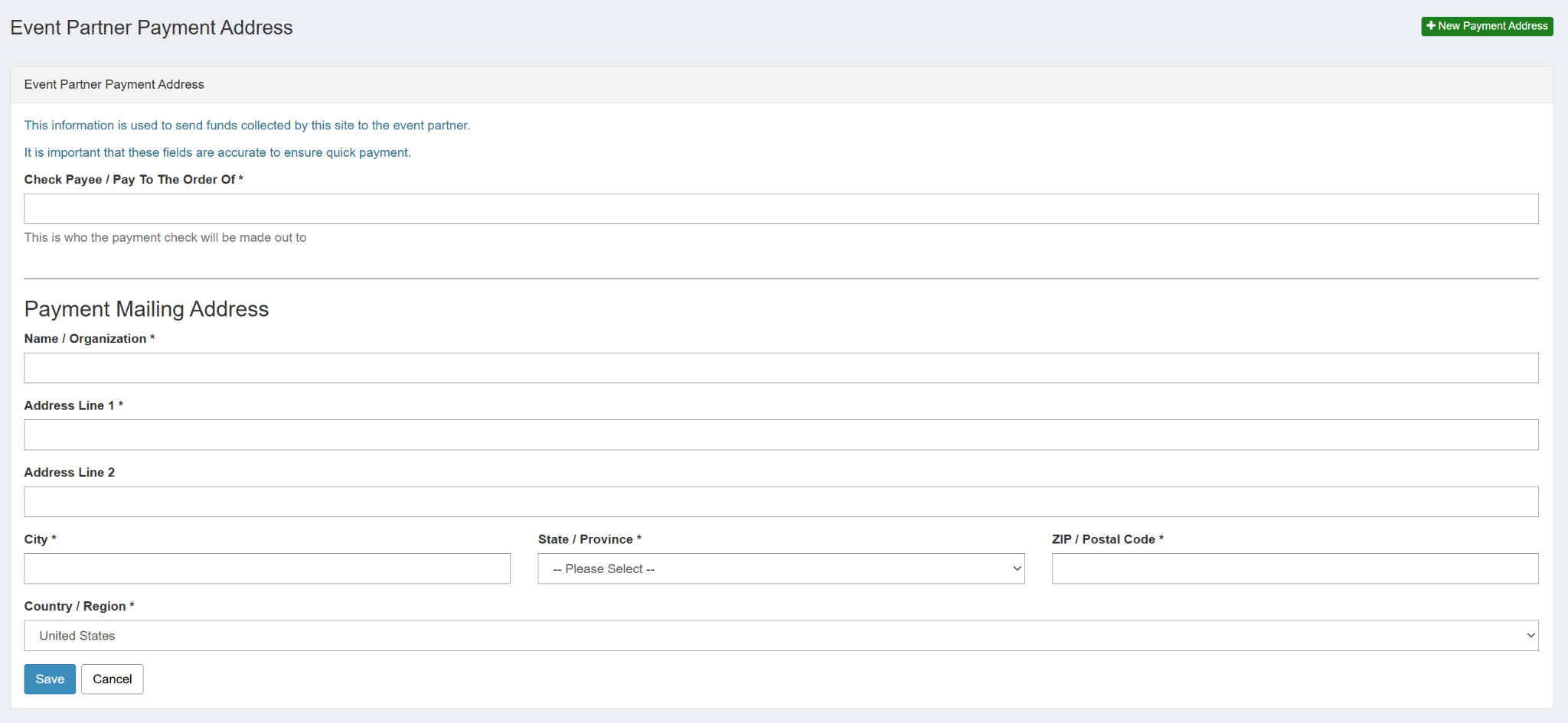 The Event Partner Payment Address section with fields for the check payee and the payment mailing address.