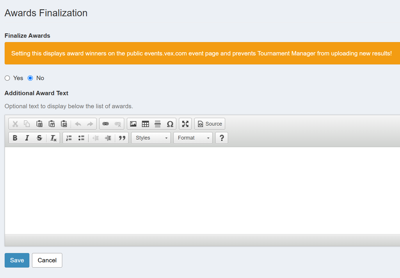 The Awards Finalization section with the Finalize Awards option, a warning banner, and the Additional Award Text editor.