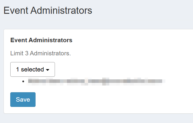 The Event Administrators section where accounts can be granted editing access to the event.