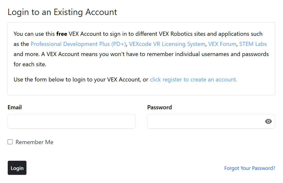 The VEX account login page.