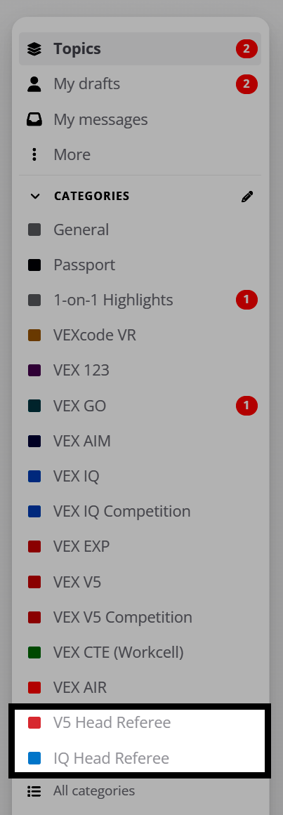 The Community side categories scrolled to show V5 Head Referee and IQ Head Referee.