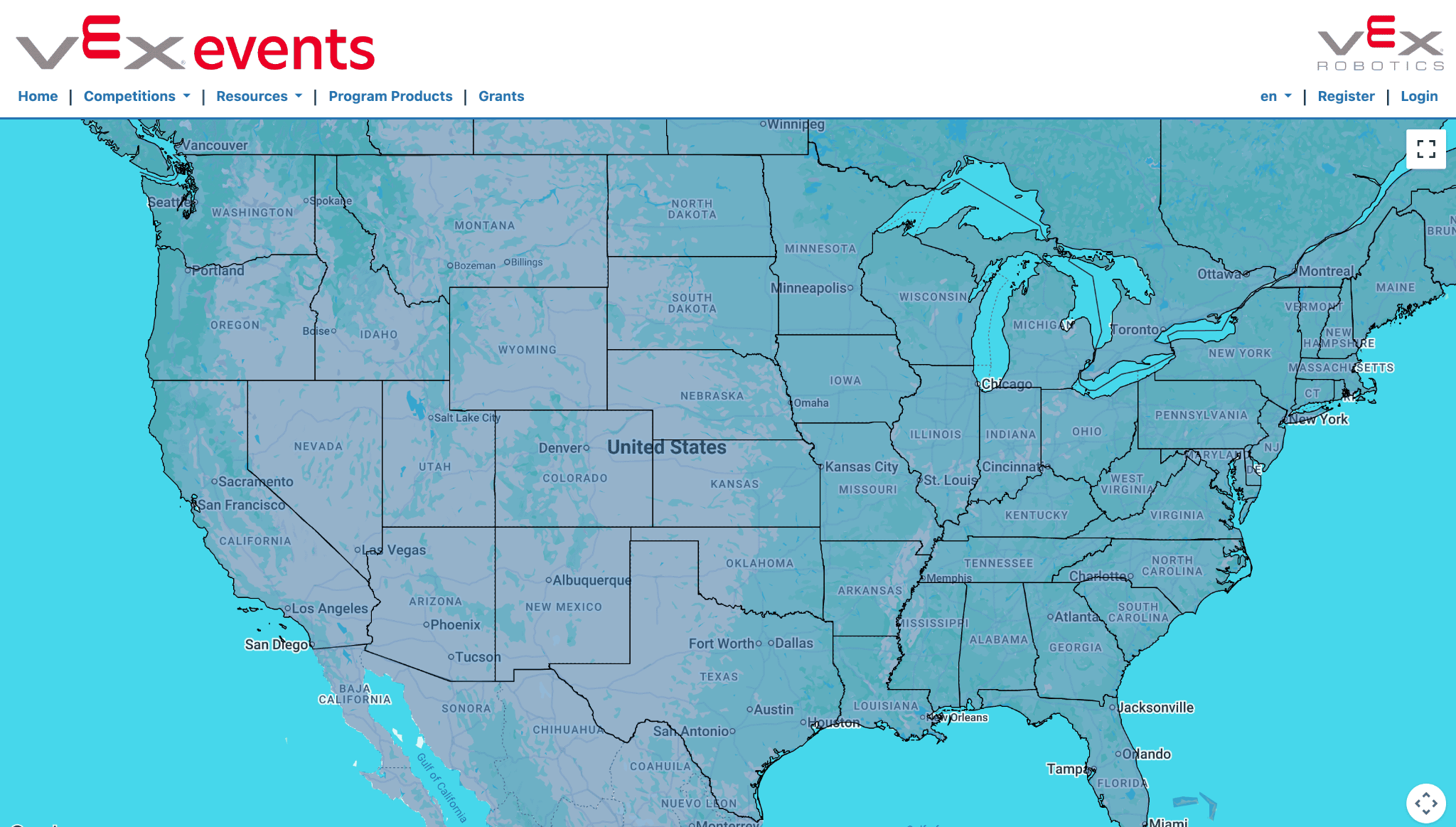 The events.vex.com support page showing a map of the United States used to find regional Program Support Team contact information.