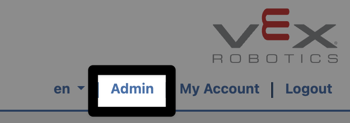 The events.vex.com dashboard navigation with the Admin tab highlighted in the upper right-hand corner.