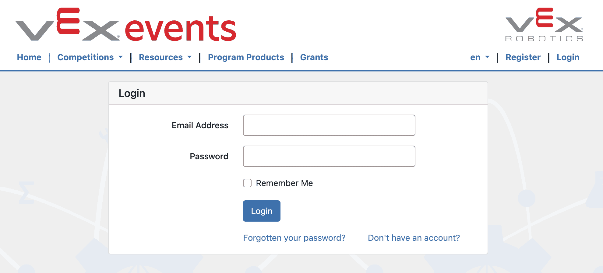 The events.vex.com login page with fields for email address and password.