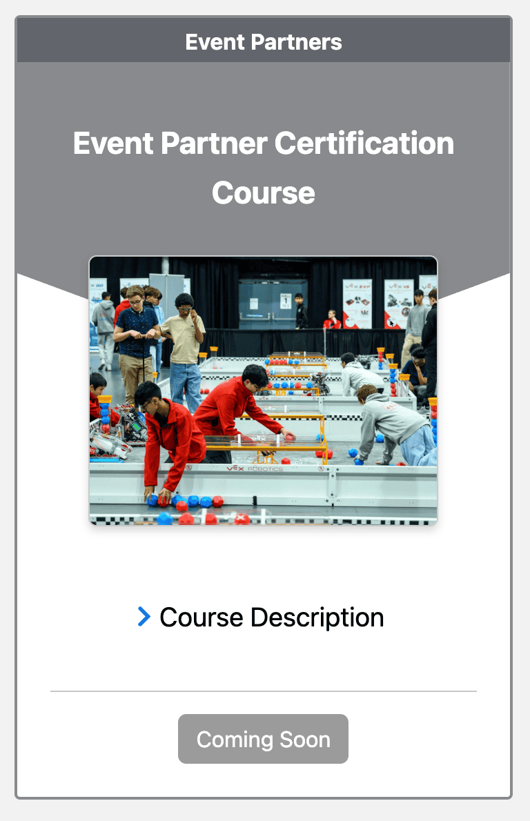 The Event Partner Certification Course page showing the course description and a Coming Soon button.