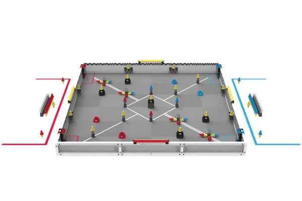 The Override Field at the start of a match with the field divided into four triangular quadrants around the central midfield. In each Quadrant goals are placed and there are pins and cups scattered across the field.