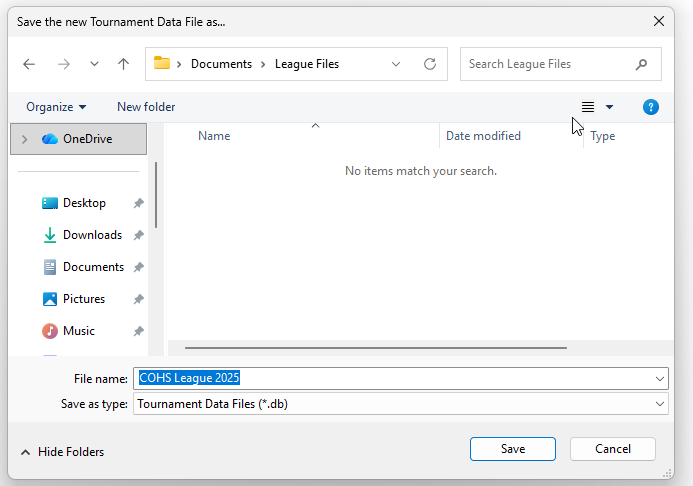 The Save the new Tournament Data File as dialog with a filename entered and the Save button highlighted.