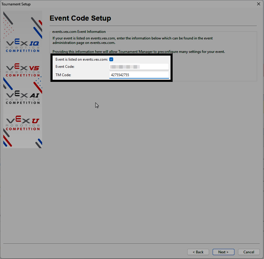 The Event Code Setup screen with the Event is listed on events.vex.com checkbox, Event Code field, and Tournament Manager Code field.
