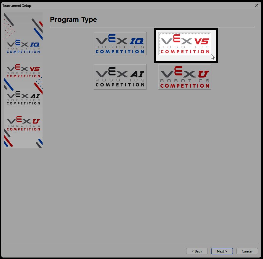 The Program Type screen with the correct program selected.