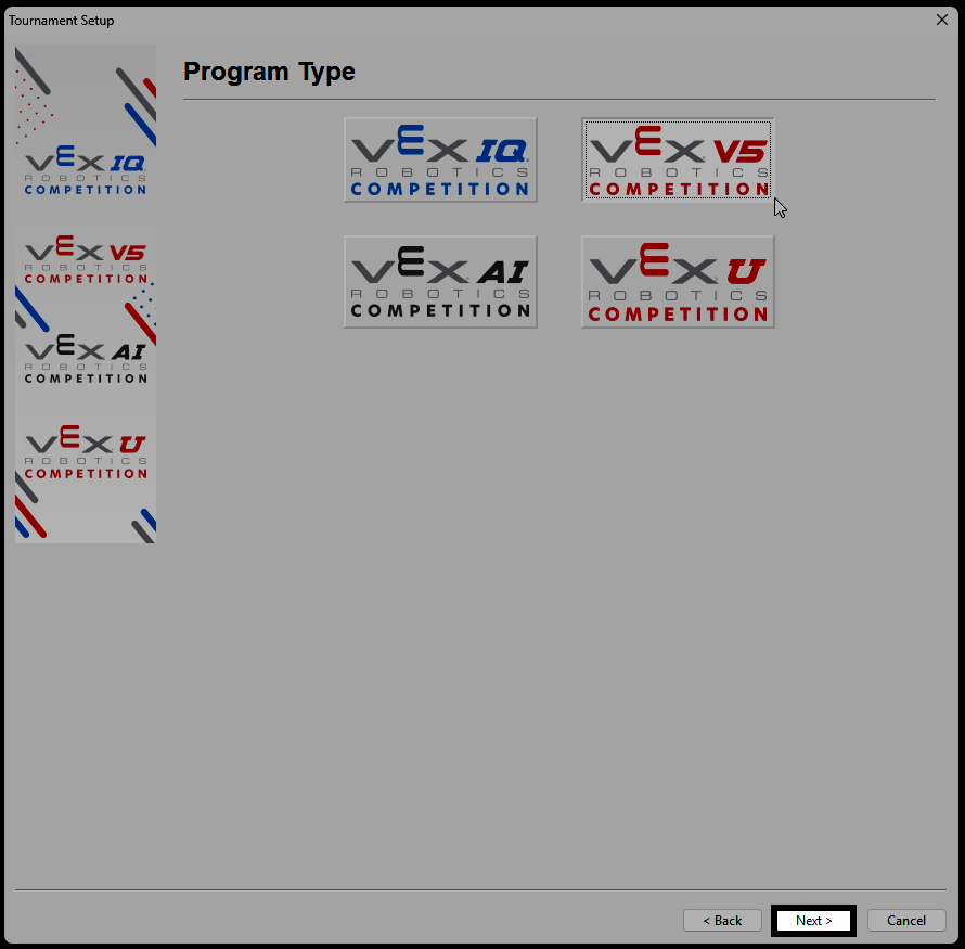 The Program Type screen with the Next button highlighted.