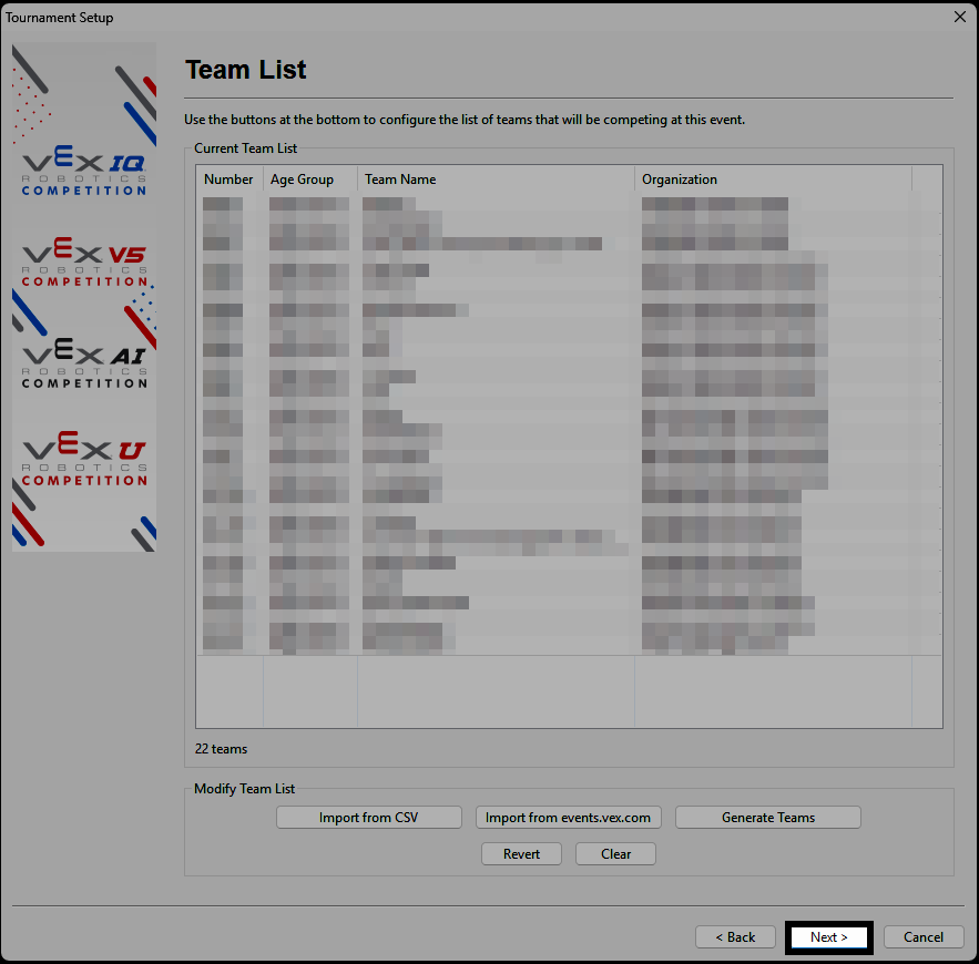 The Team List screen showing teams downloaded from events.vex.com.