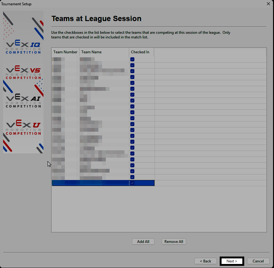 The Teams at League Session check-in screen with selectable team boxes.