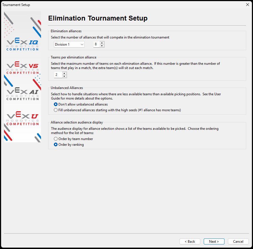 The Elimination/Finals Match Setup screen with default values shown.
