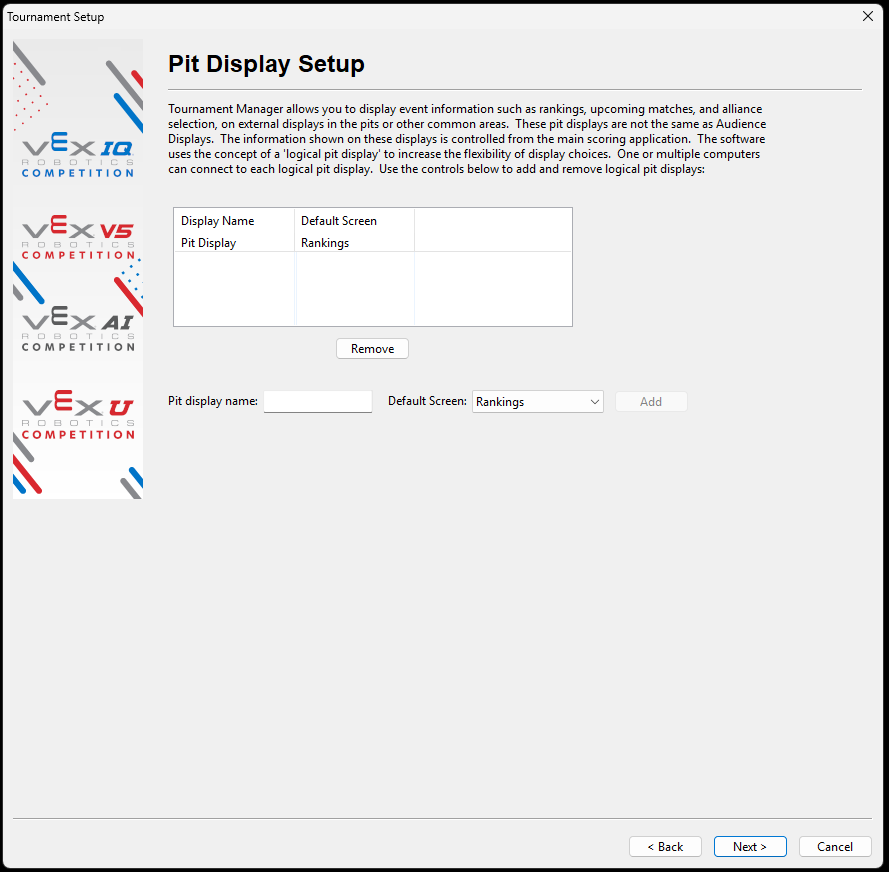 The Pit Display Setup screen for creating the event's Pit Displays.