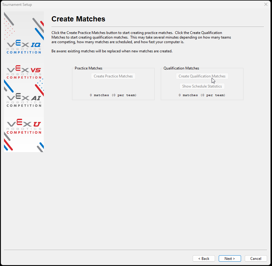 The Create Matches screen with default values shown.