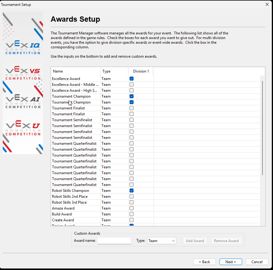 The Awards Setup screen showing awards autofilled from events.vex.com.