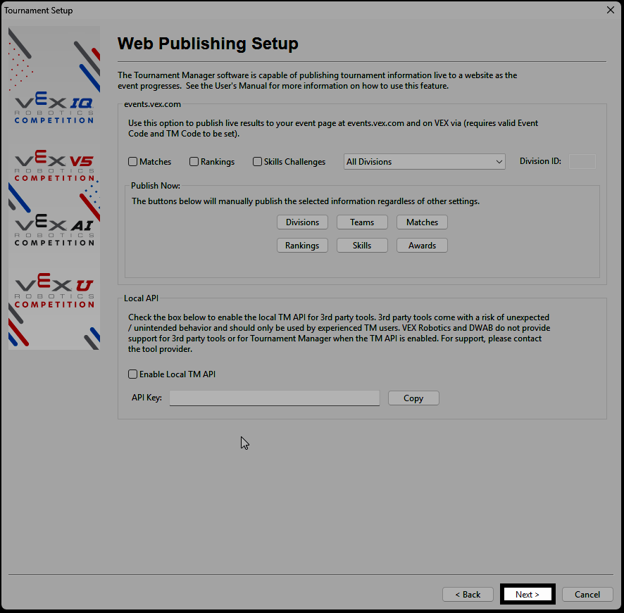 The Web Publishing Setup screen with live results publishing enabled by default.