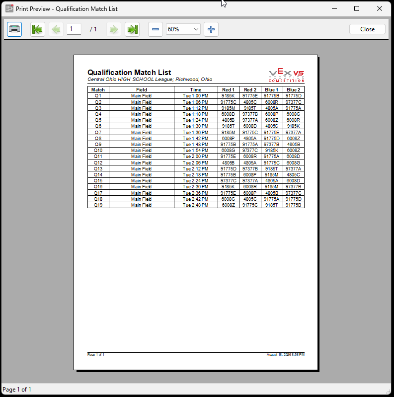 The Match List and Announcer Sheets print screen.
