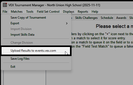 The Upload Results to events.vex.com dialog with the Finalize checkbox unselected.