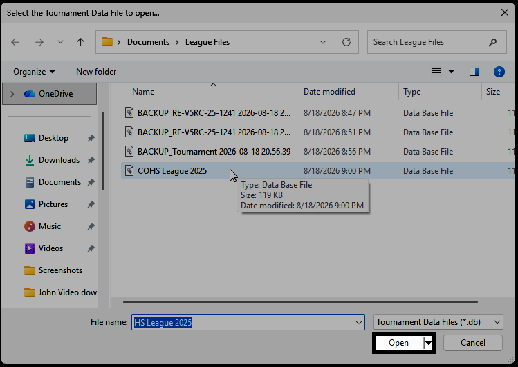 The Open an existing tournament file browser with the previous session's file selected and the Open button highlighted.